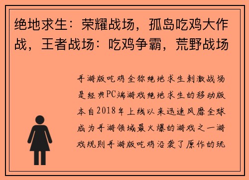 绝地求生：荣耀战场，孤岛吃鸡大作战，王者战场：吃鸡争霸，荒野战场：生存挑战，枪战之王：吃鸡王者